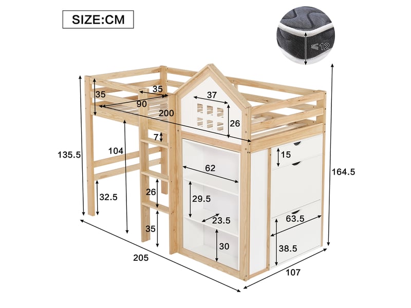  Lit mezzanine cabane enfant 90 x 200 cm avec rangements, 3 tiroirs, escalier sécurisé, garde-corps, pin et mdf, blanc et effet bois naturel  - Conforama E