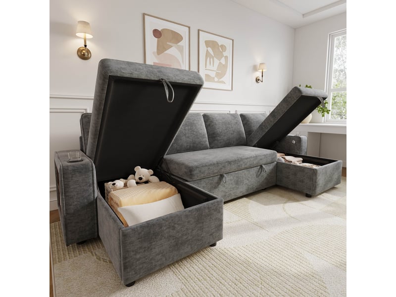 Canapé d'angle en u 270 x 125 x 86 cm convertible lit double méridienne avec coffres usb-c porte-gobelets chenille gris salon chic! - Conforama D
