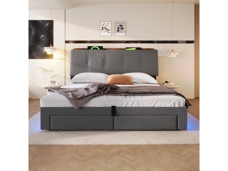  Lit coffre 140x200 cm, lit double, rangement hydraulique, led, lin gris, usb et usb-c  - Conforama R