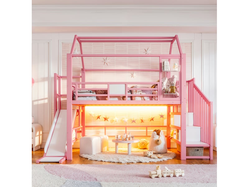  Lit mezzanine enfant 140 × 200 cm 1 place avec toboggan, rangements, led bluetooth, sans matelas, métal rose  - Conforama B