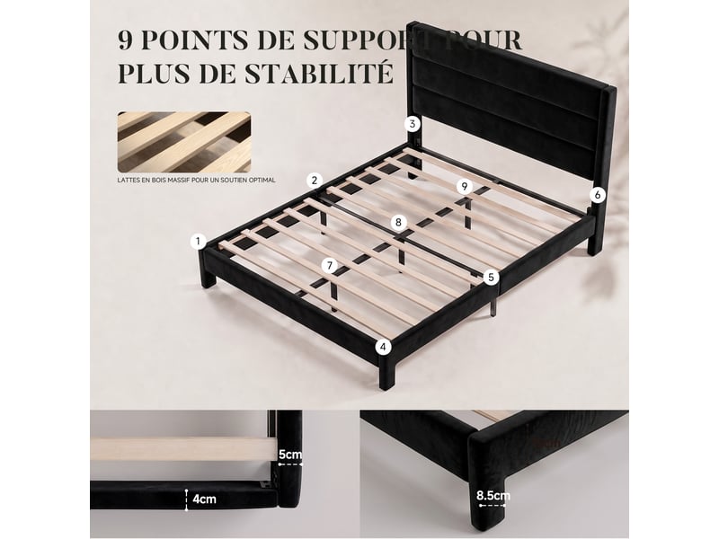  Lit 140 x 190 avec sommier à lattes en bois, cadre de lit rembourré, structure métallique, lit 2 personnes, charge maximale 500 kg, noir  - Conforama C