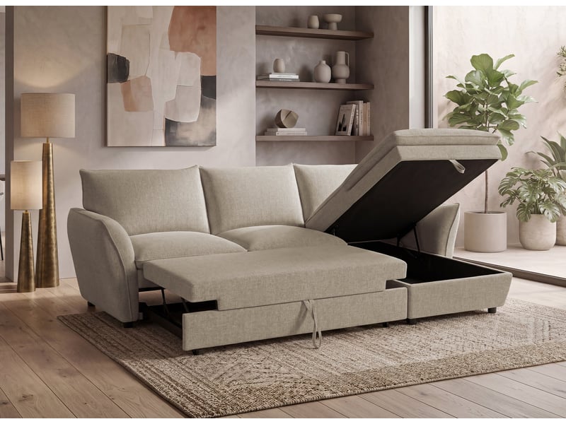Canapé d'angle convertible avec coffre en tissu taupe capucine - angle droit SF772-2M-TAU - Conforama C