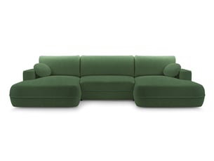 Canapé d'angle panoramique convertible <strong>AX LIVING </strong> <strong>Peoni</strong> 5 places Velours vert avec coffre de rangement