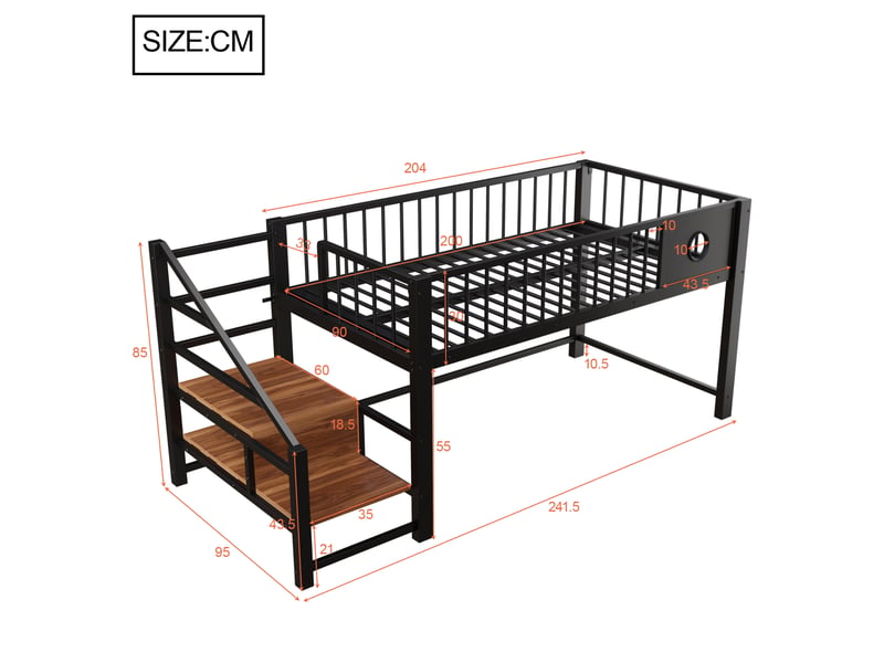 Lit mezzanine 90 x 200 cm, avec échelle de rangement, structure métallique robuste, noir  - Conforama D