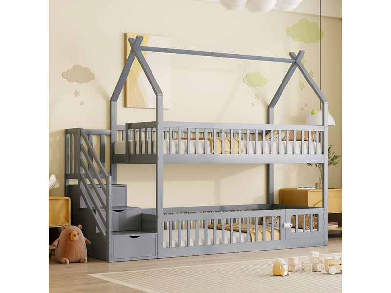  Lit superposé enfant - 90x200 cm - escalier avec tiroirs de rangement - lit superposé - design cabane bois massif gris avec barrière  - Conforama A