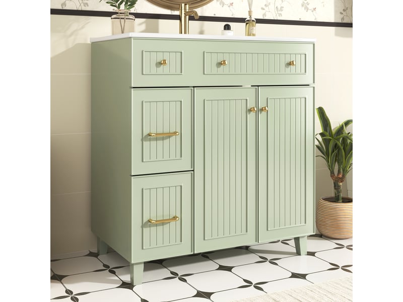  Meuble vasque salle de bain sur pied 81,7 cm avec rangement, vasque céramique et finition laquée  - Conforama D