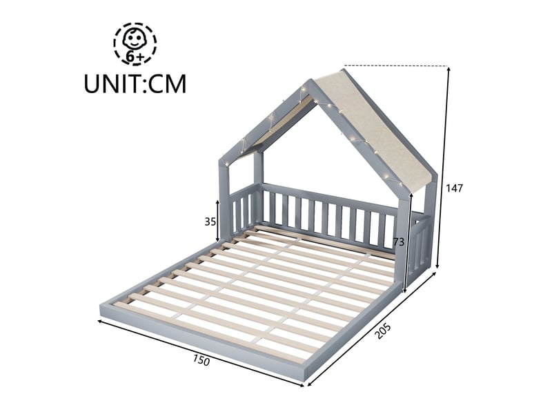  Lit cabane 140 x 200 cm avec toit en tissu et guirlande lumineuse gris evryae  - Conforama E