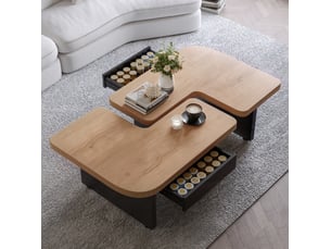 Table basse 2-en-1 90x60x44.5 cm en mdf, led, 2 tiroirs, effet bois naturel et noir