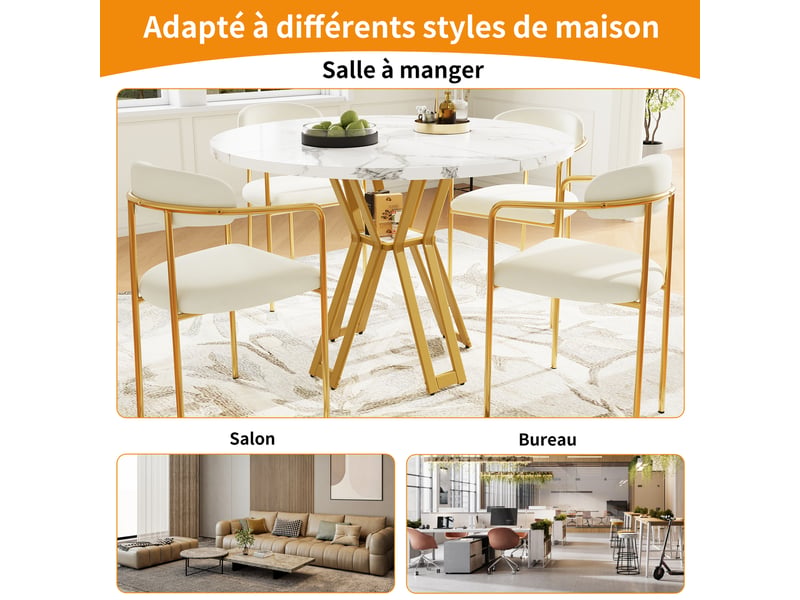  Table ronde, table légère et élégante, idéale pour 4 à 6 personnes, pieds dorés, plateau en mdf effet marbre  - Conforama R