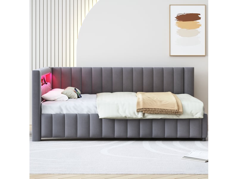  Lit 2 places 140x200 cm – gris – cadre capitonné en velours avec led multicolore et port usb, sans matelas  - Conforama B