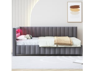 Lit 2 places 140x200 cm – gris – cadre capitonné en velours avec led multicolore et port usb, sans matelas