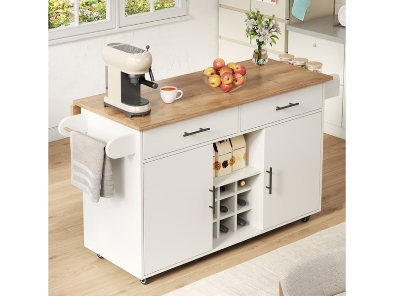  Îlot de cuisine mobile avec plateau rabattable, 2 tiroirs, range-bouteilles, porte-serviettes, blanc et décor bois  - Conforama D