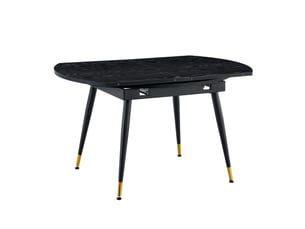 Table extensible moderne table de salle à manger transformable de rond à ovale plateau mdf noir et noyer pieds métal stables gain de place accents dorés