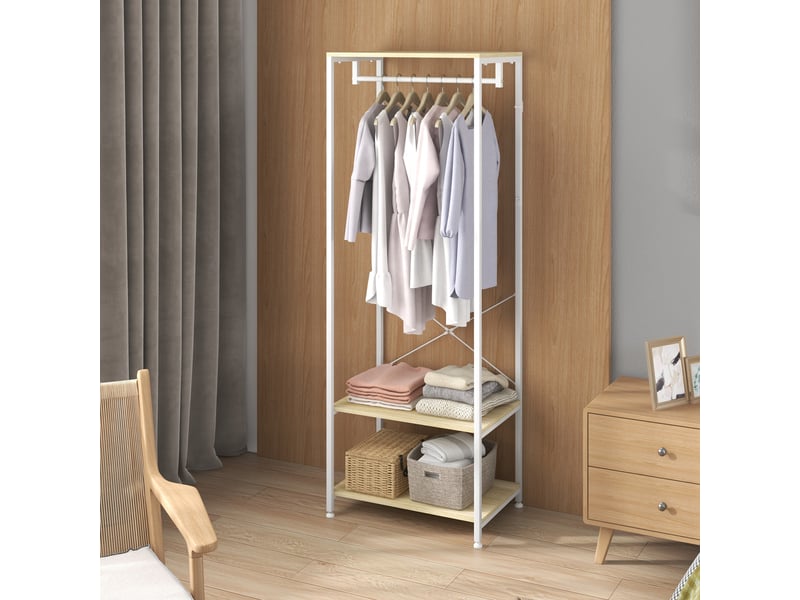 Portant à vêtements avec tringle et 2 étagères à chaussures, 60 cm (l) x 40 cm (l) x 167,5 cm (h), effet bois clair, métal blanc - Conforama D