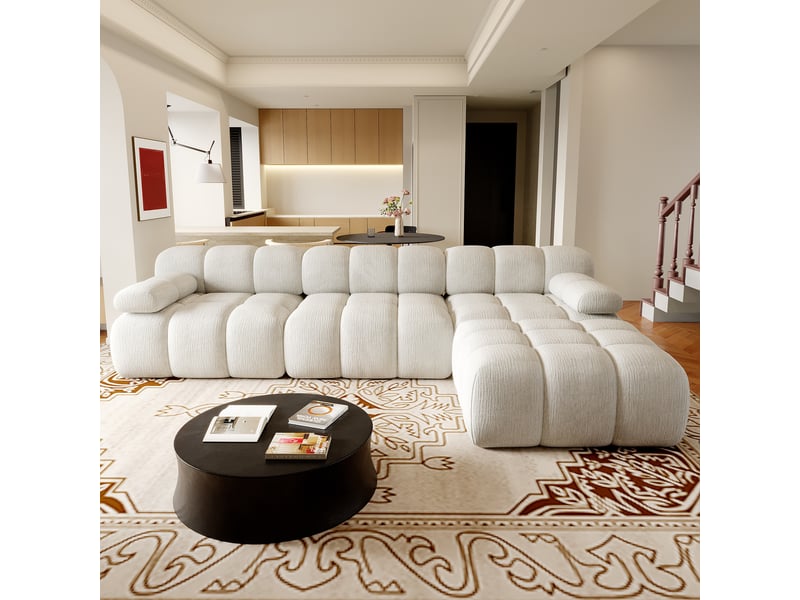 Canapé d'angle en l 300 cm, sans montage, mousse compressée, pour salon, chambre et appartement, blanc - Conforama C