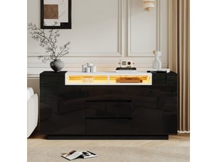 Buffet noir brillant 140 cm avec led - 2 portes 3 tiroirs - meuble salon de rangement