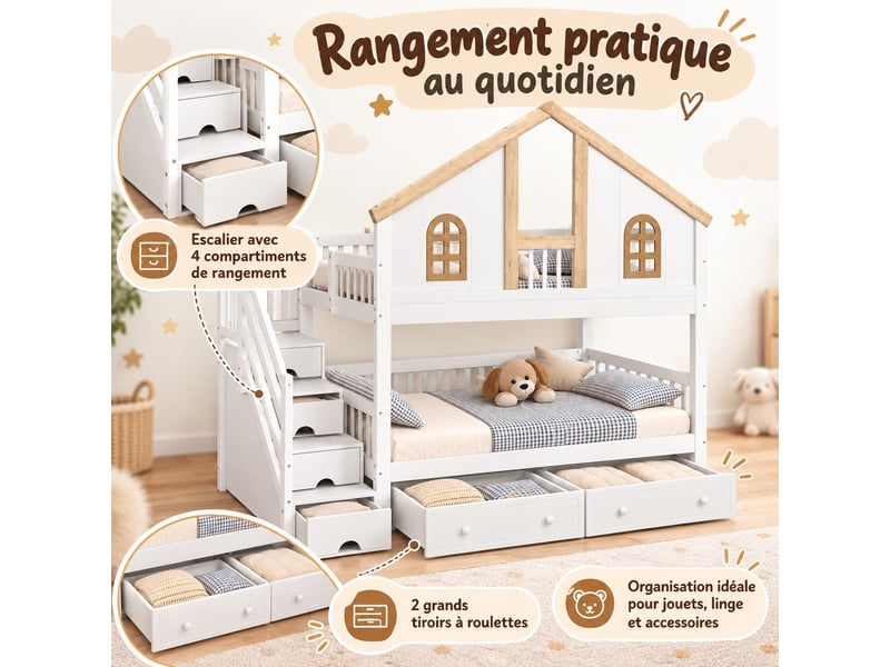  Lit superposé enfant 90 × 200 cm avec escalier de rangement, 2 tiroirs à roulettes et fenêtres, pin et mdf, blanc et naturel  - Conforama D