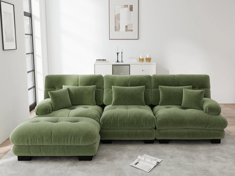  Canapé d'angle  modulaire ,3 places, avec pouf,chenille,313 × 145 ×81cm,vert  - Conforama B