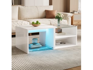 Table basse 100x50x38 cm en panneau de particules et verre avec led et rangements ouverts blanche chicfurn