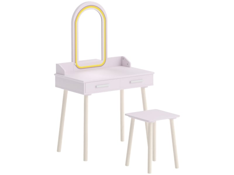  Coiffeuse enfant 2 en 1 avec tabouret, miroir led 3 lumières, 2 tiroirs, 3-8 ans  - Conforama A