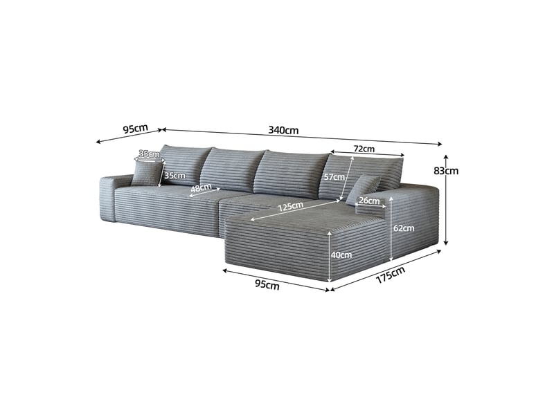  Canapé d'angle modulable 4 places en velours côtelé gris, 340 x 175 x 83 cm, méridienne droite, sans montage, livré compressé, assise profonde CARDUME ESTIVAL - Conforama C