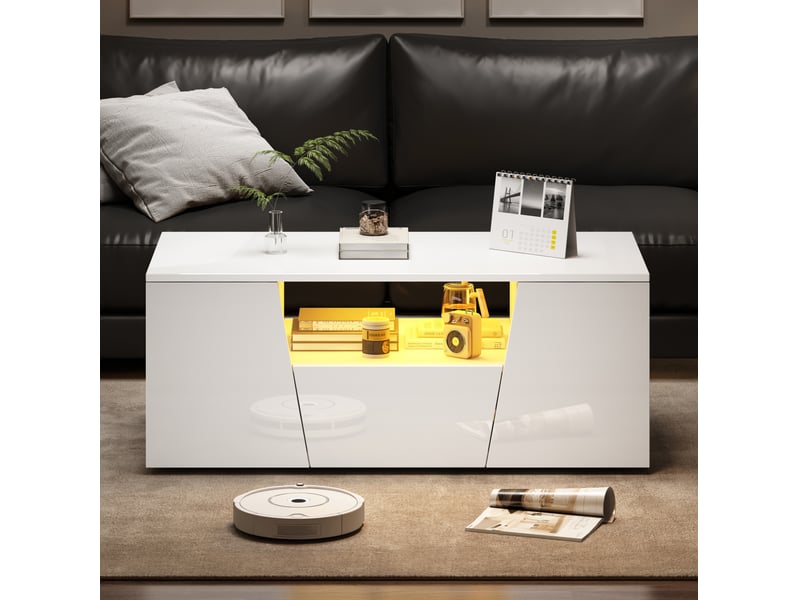  Table basse 100x50x40 cm led réglable, 2 portes 1 tiroir, design irrégulier, laquée, panneaux de particules, blanc  - Conforama R