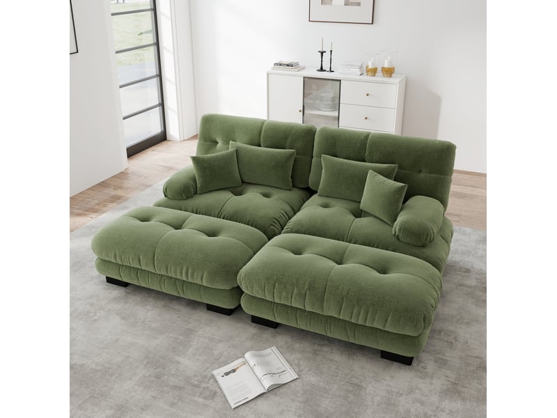 Canapé d’angle modulable 2 places en chenille vert avec 2 poufs - Conforama D