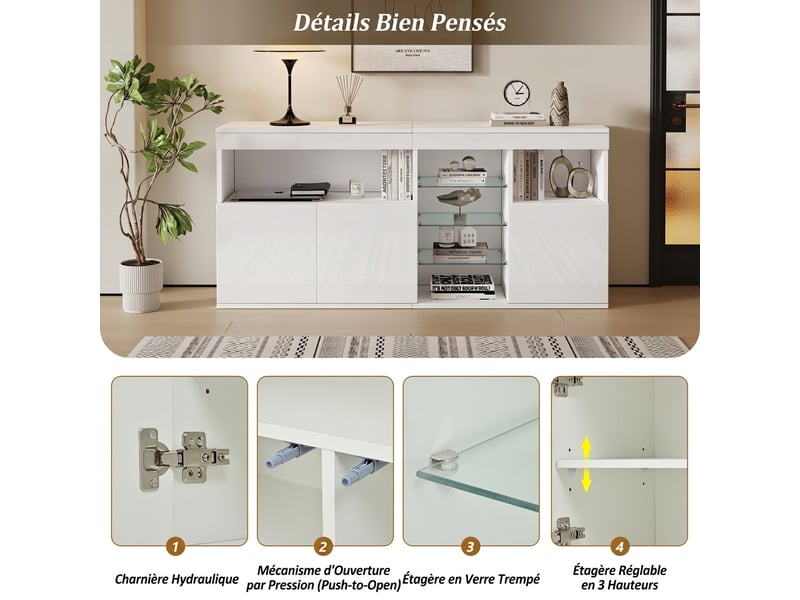 Buffet salon blanc laqué avec led 155 cm - 3 portes et étagères en verre - meuble de rangement moderne - Conforama R