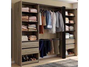 Dressing double xxl meryl 220 cm avec porte pantalons + étagères + tiroirs + rangements à chaussures hêtre et noir