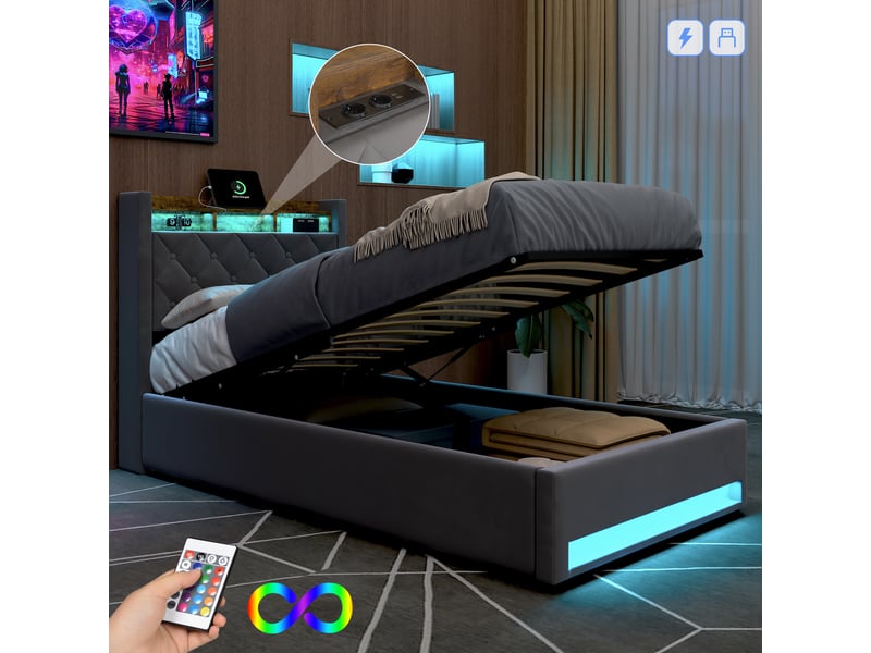 Lit simple 90 × 190 cm avec coffre, usb et led réglable, rangement intégré, sans matelas, en velours gris - Conforama B
