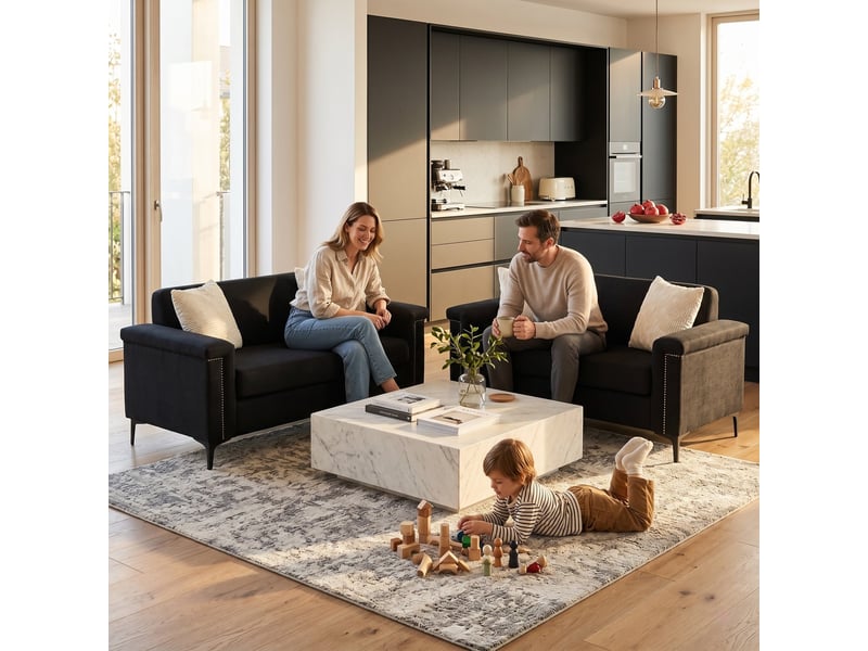  Canapé droit 2 places noir – canapé salon moderne tissu polyester avec pieds métal stables pour petit espace  - Conforama B