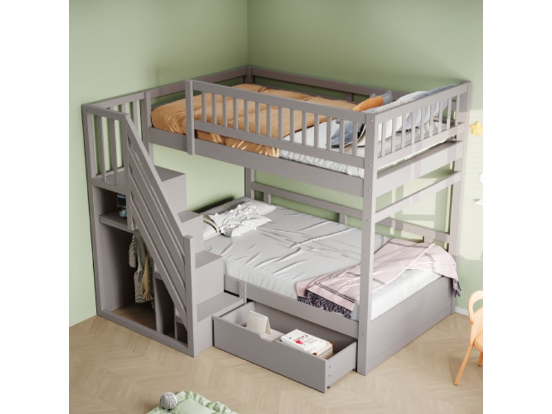 Lit superposé 90x200 cm, lit enfant avec barrière de sécurité haute, tiroirs et échelle de rangement, en bois, gris, sans matelas - Conforama B