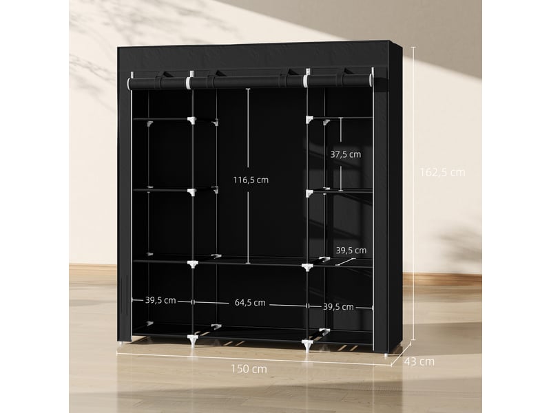  Armoire en tissu avec penderie, 10 étagères ouvertes, housse zippée et structure en acier, 150 x 43 x 162,5 cm, noire  - Conforama E