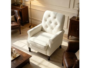 Fauteuil de salon capitonné avec coussin à ressorts ensachés et pieds en bois, en tissu aspect lin crème