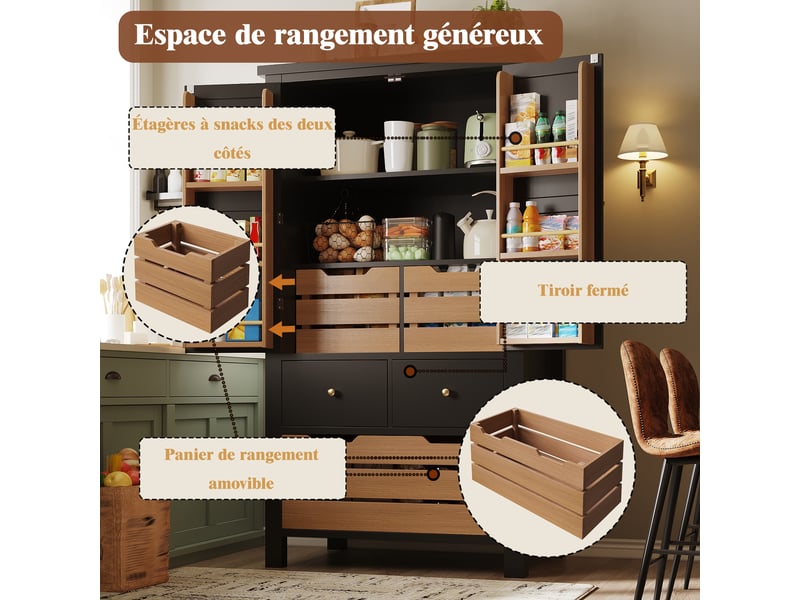  Meuble de cuisine muvano, buffet haut de cuisine noir, 2 portes et 5 tiroirs, 80 × 40 × 140 cm  - Conforama E