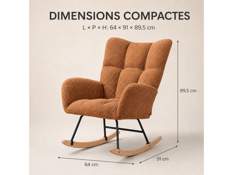  Fauteuil à bascule teddy marron, fauteuil rocking‑chair ergonomique avec dossier haut et accoudoirs rembourrés, base en bois massif, chaise de relaxation pour salon, chambre et chambre bébé  - Conforama D