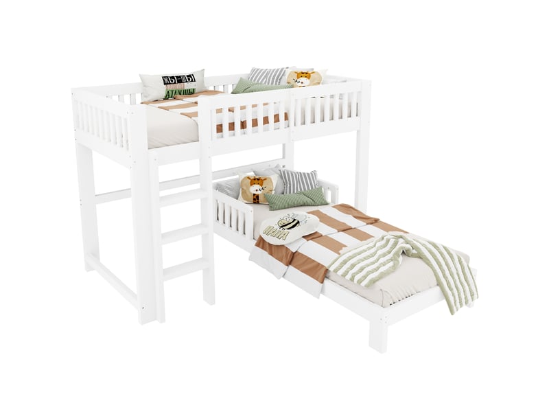  Lit superposé enfant 90 × 200 cm 2 places modulable avec barrières, sommier inclus, sans matelas, blanc  - Conforama A