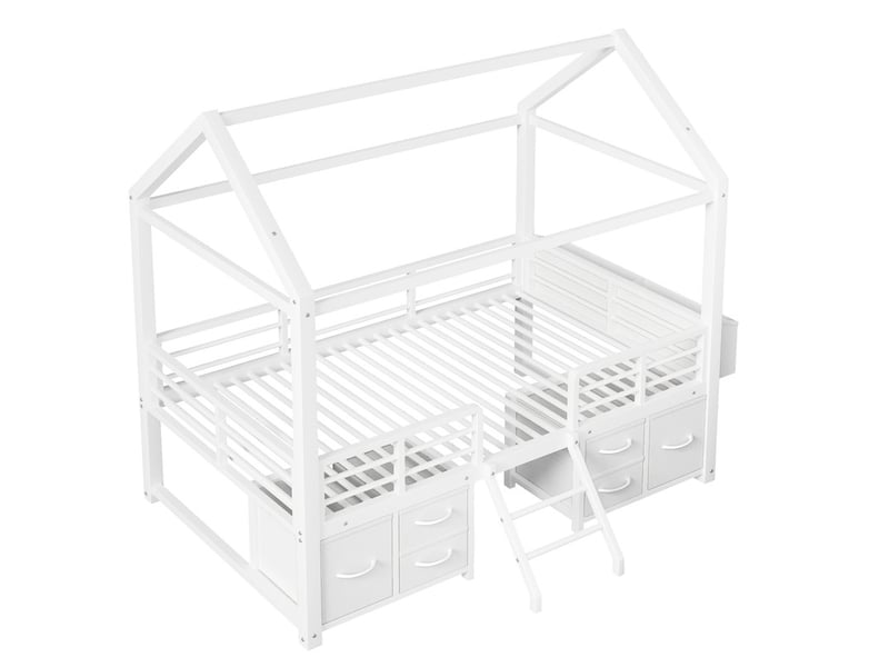  Lit enfant 90x200 cm avec toit - éclairage led - lit cabane avec 6 tiroirs en tissu et rangements - métal - blanc  (sans matelas)  - Conforama W