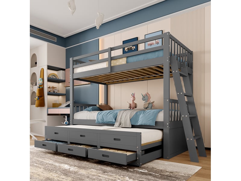 Lit superposé enfant 90x200 cm avec lit gigogne et 3 tiroirs gris - Conforama B
