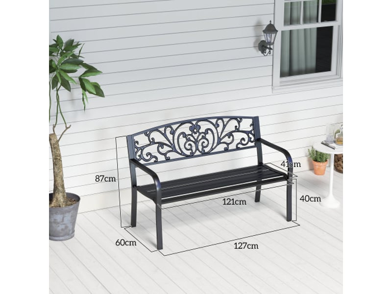  Banc de jardin 2 places en métal noir, dossier et accoudoirs, 250 kg, résistant aux intempéries, balcon et terrasse  - Conforama C