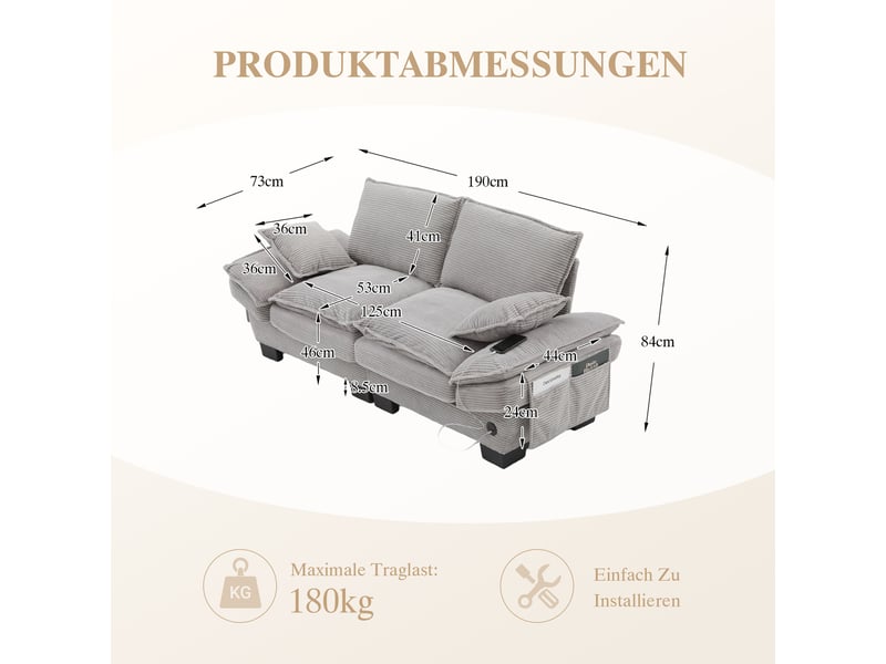  Canapé droit fixe 2 places tissu gris clair  - Conforama C