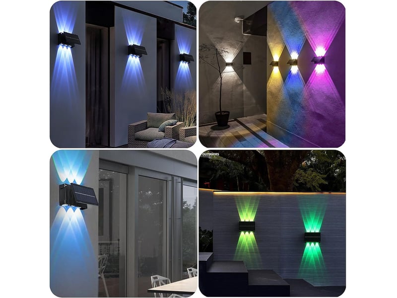  Ensemble de 4 appliques solaires murales d'extérieur – 6 LED RGB, 7 couleurs, éclairage réglable vers le haut et vers le bas, étanches, pour jardin, clôture, terrasse et allée.  - Conforama D