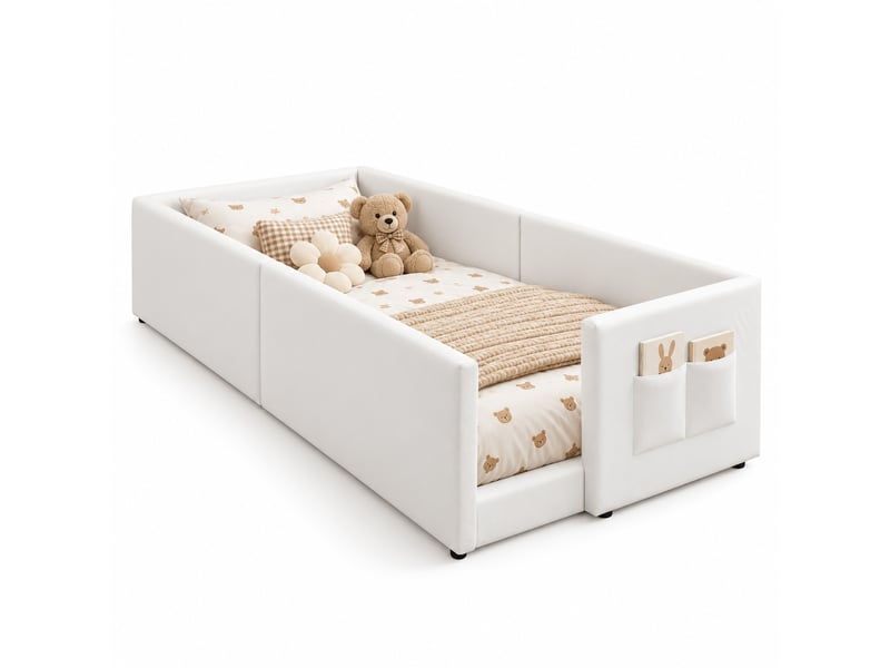  Lit enfant rembourré 90 x 200 cm avec sommier à lattes, côtés matelassés, lit d'appoint pour chambre, blanc  - Conforama A
