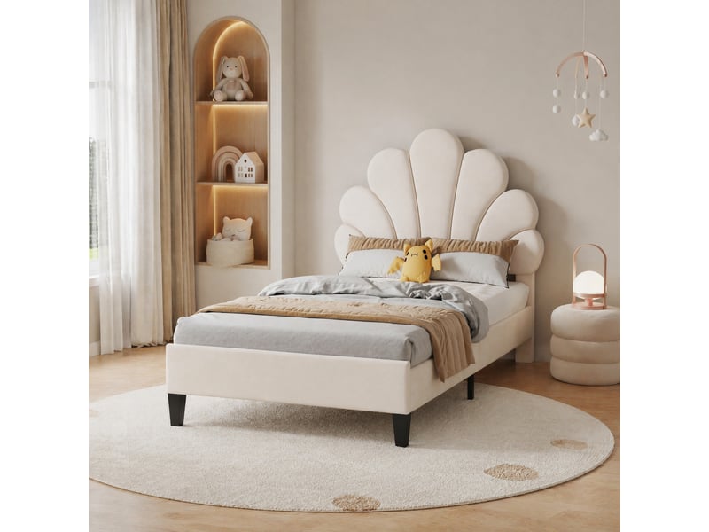 Lit enfant capitonné 90x200 cm à tête de lit fleur, velours beige - Conforama C