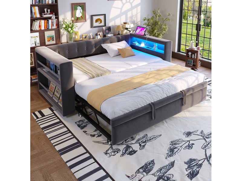  Canapé-lit multifonctionnel 90180x190 cm avec led, prises et rangement mdf bois gris foncé sans matelas  - Conforama B