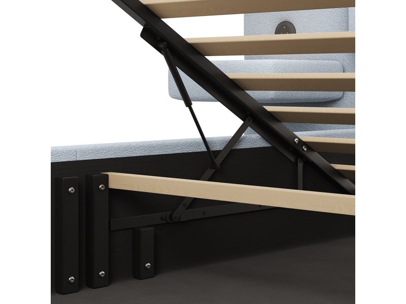 Lit coffre 140 x 200cm, avec étagère sur la tête de lit, port usb, gris et coloris naturel - Conforama E