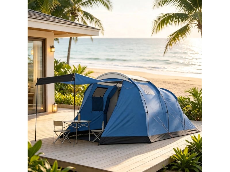  Tente tunnel 4 personnes 460 x 260 x 190 cm bleue en polyester, double paroi imperméable 3000 mm  - Conforama D
