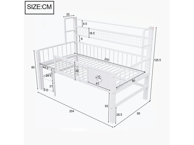 Lit mezzanine bas enfant 90 x 200 cm avec rangement, métal et mdf, blanc - Conforama C