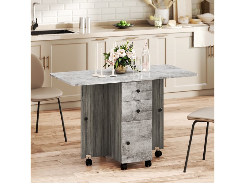  Table pliante avec 2 tiroirs et un placard, 6 roulettes avec freins, 120 x 60 x 76,5 cm, bois et gris roche  - Conforama D