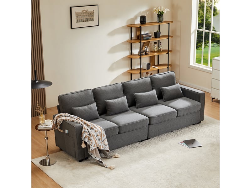  Canapé droit 4 places 264x83x87 cm en tissu effet lin avec accoudoirs de rangement et 4 coussins, canapé salon moderne - gris foncé  - Conforama B